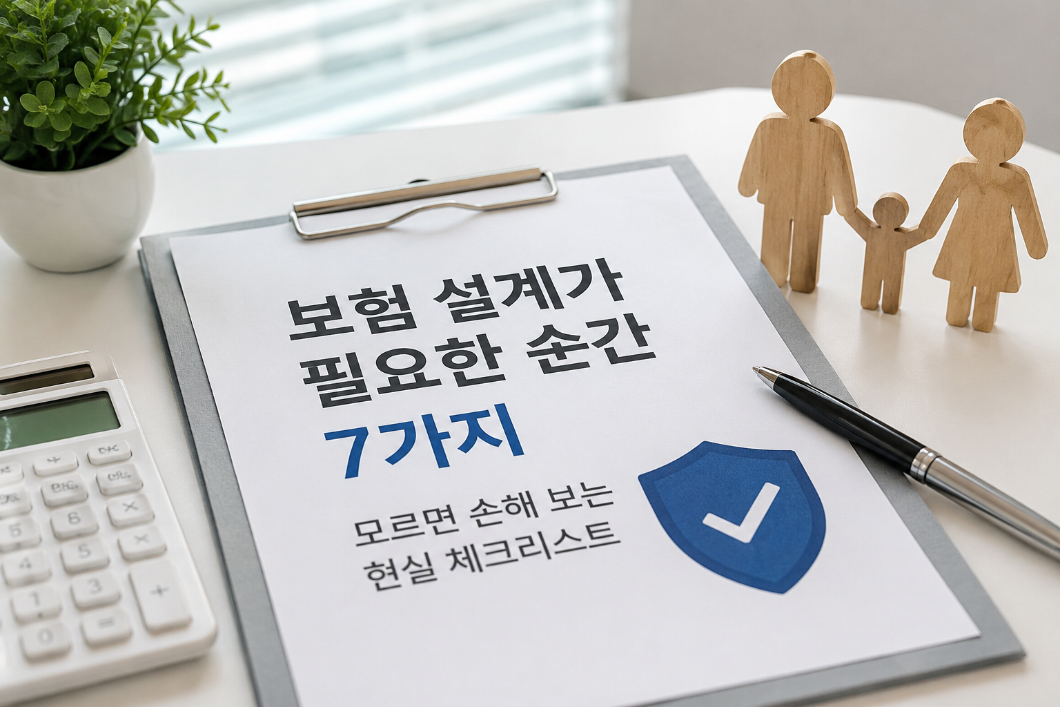보험 설계 체크리스트가 적힌 서류와 계산기, 가족 모형 소품이 함께 배치된 현대적인 보험 설계 테마의 실사형 썸네일 이미지