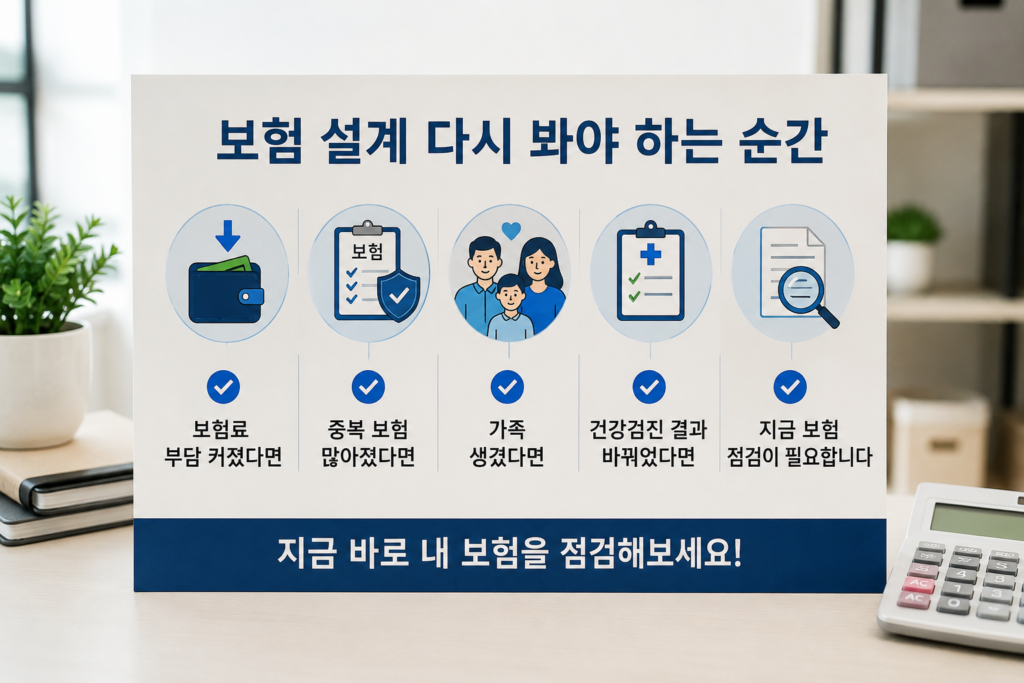 보험 설계 점검이 필요한 순간들을 체크리스트 형식으로 정리한 현대적인 보험 인포그래픽 이미지. 보험료 부담, 중복 보험, 가족 변화, 건강검진 결과 등을 아이콘과 함께 시각적으로 표현한 실사형 디자인.
