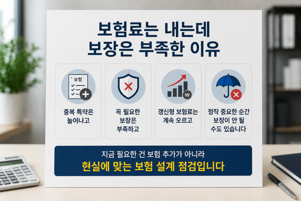 보험료 상승, 중복 특약, 부족한 보장을 시각적으로 표현한 현대적인 보험 리모델링 인포그래픽 이미지. 계산기와 보험 서류, 체크리스트가 포함된 실사형 구성으로 현실적인 보험 점검 분위기를 강조한 디자인.
