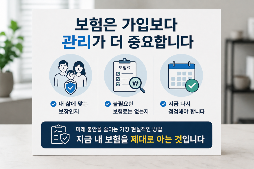보험 가입보다 보험 관리의 중요성을 강조한 현대적인 실사형 인포그래픽 이미지. 가족 보호, 보험료 점검, 정기적인 보험 관리 체크 요소를 아이콘과 함께 구성한 디자인.