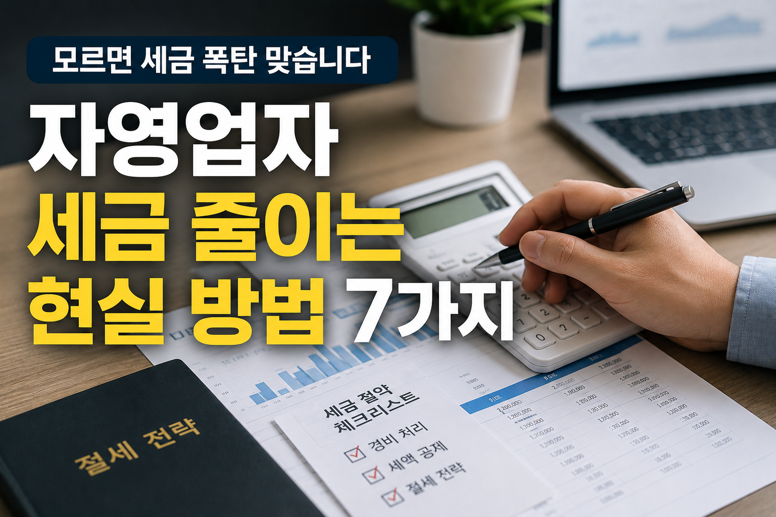 자영업자의 절세 전략과 세금 관리 방법을 강조한 현대적인 실사형 썸네일 이미지. 계산기, 매출 서류, 절세 체크리스트, 노트북이 배치된 현실적인 사무 공간 구성으로 세금 절약 분위기를 표현한 디자인.