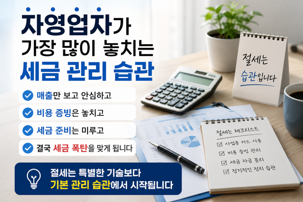 자영업자의 세금 관리 실수와 절세 습관을 강조한 현대적인 실사형 인포그래픽 이미지. 계산기, 세금 체크리스트, 매출 자료, 메모장 등이 배치된 현실적인 사무 공간 구성으로 절세 관리 분위기를 표현한 디자인.