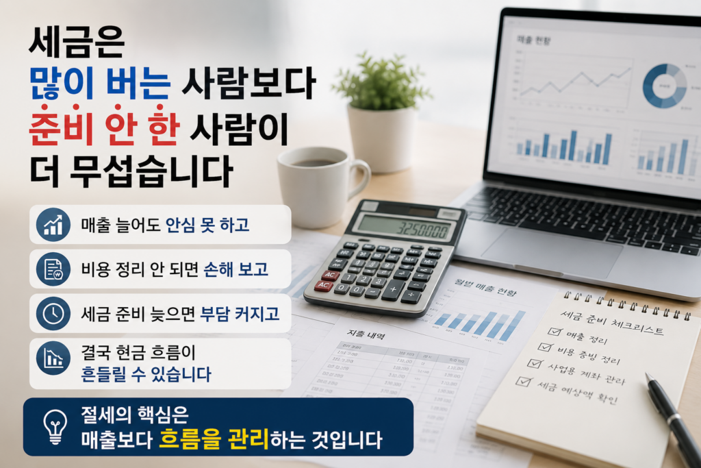 자영업자의 세금 준비 부족과 현금 흐름 위험을 강조한 현대적인 실사형 인포그래픽 이미지. 노트북, 계산기, 매출 그래프, 세금 체크리스트가 배치된 현실적인 사무 공간 구성으로 절세와 재무 관리 분위기를 표현한 디자인.