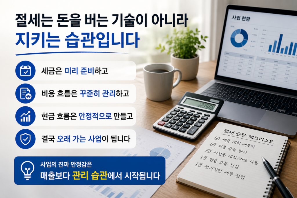 자영업자의 절세 습관과 사업 관리 중요성을 강조한 현대적인 실사형 인포그래픽 이미지. 노트북 재무 그래프, 계산기, 절세 체크리스트 노트가 배치된 현실적인 사무 공간 구성으로 안정적인 사업 운영 분위기를 표현한 디자인.
