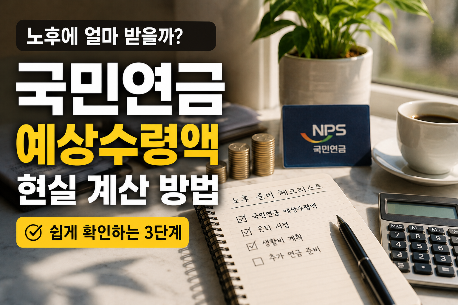 국민연금 예상수령액과 노후 준비를 주제로 한 현대적인 실사형 썸네일 이미지. 계산기, 연금 체크리스트 노트, 동전, 커피잔이 배치된 따뜻한 분위기의 책상 공간으로 현실적인 노후 준비 감성을 표현한 디자인.