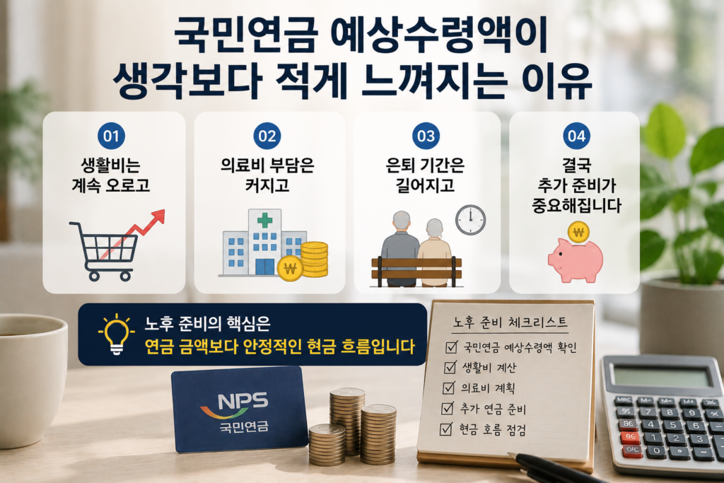 국민연금 예상수령액과 현실적인 노후 생활비 부담을 강조한 현대적인 실사형 인포그래픽 이미지. 생활비 상승, 의료비 부담, 은퇴 기간 증가, 추가 연금 준비 요소를 아이콘과 함께 시각적으로 구성한 은퇴 준비 테마 디자인.