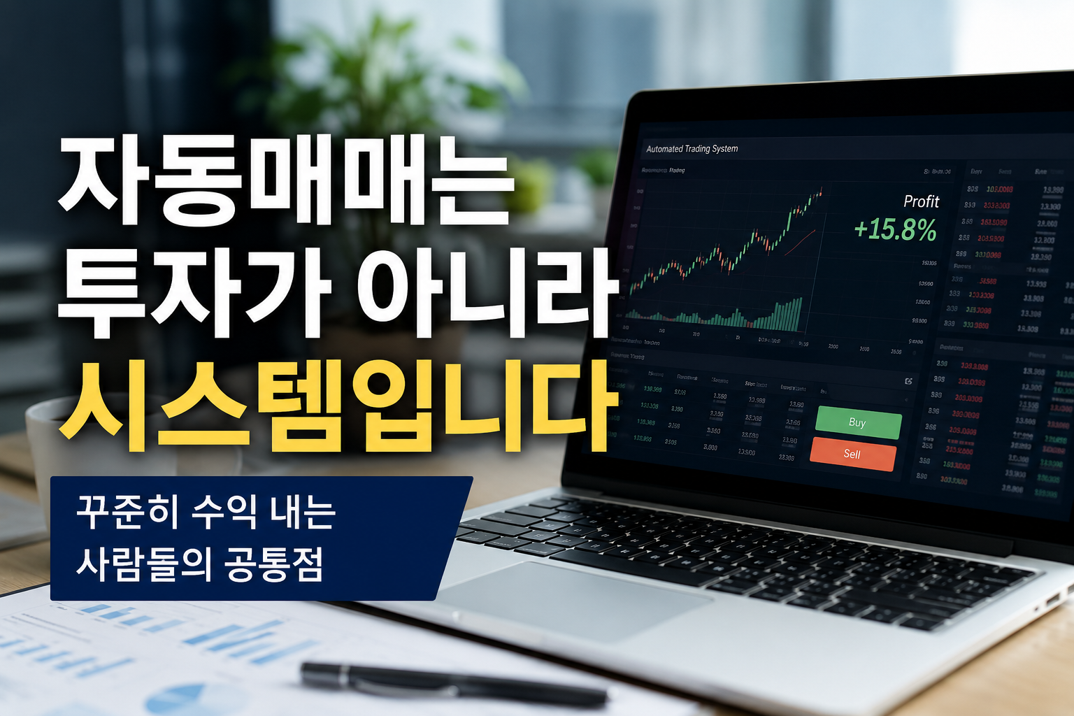 노트북 화면에 자동매매 수익 차트가 표시된 현대적인 투자 환경에서 “자동매매는 투자가 아니라 시스템입니다”라는 문구가 강조된 워드프레스 금융 블로그 썸네일 이미지