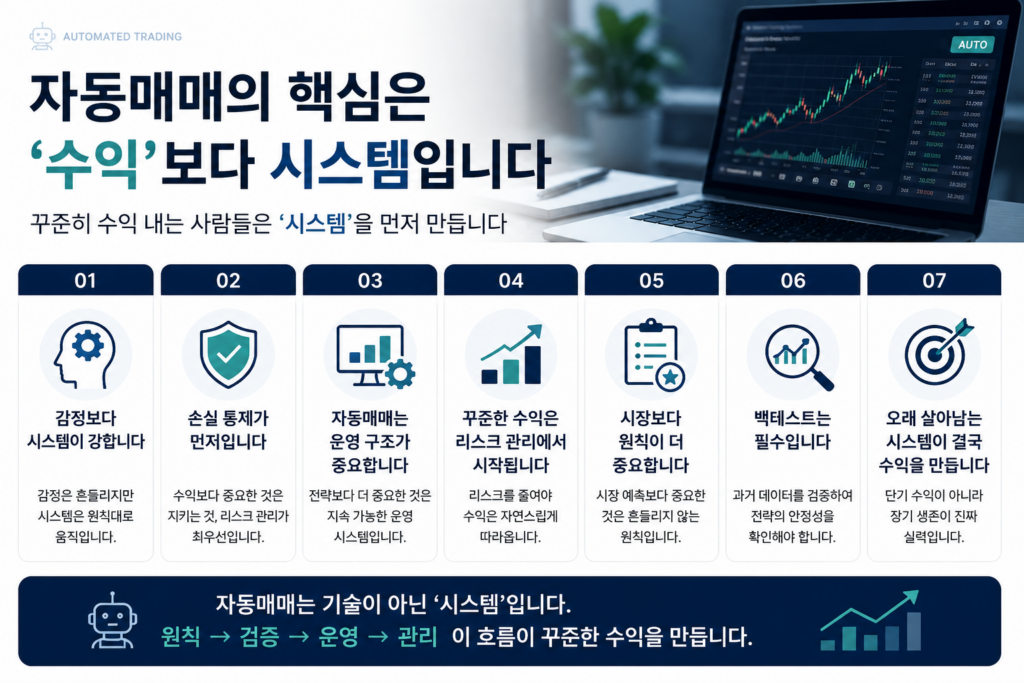 자동매매 시스템 운영 원칙과 리스크 관리 전략을 현대적인 금융 스타일로 정리한 워드프레스용 인포그래픽 이미지