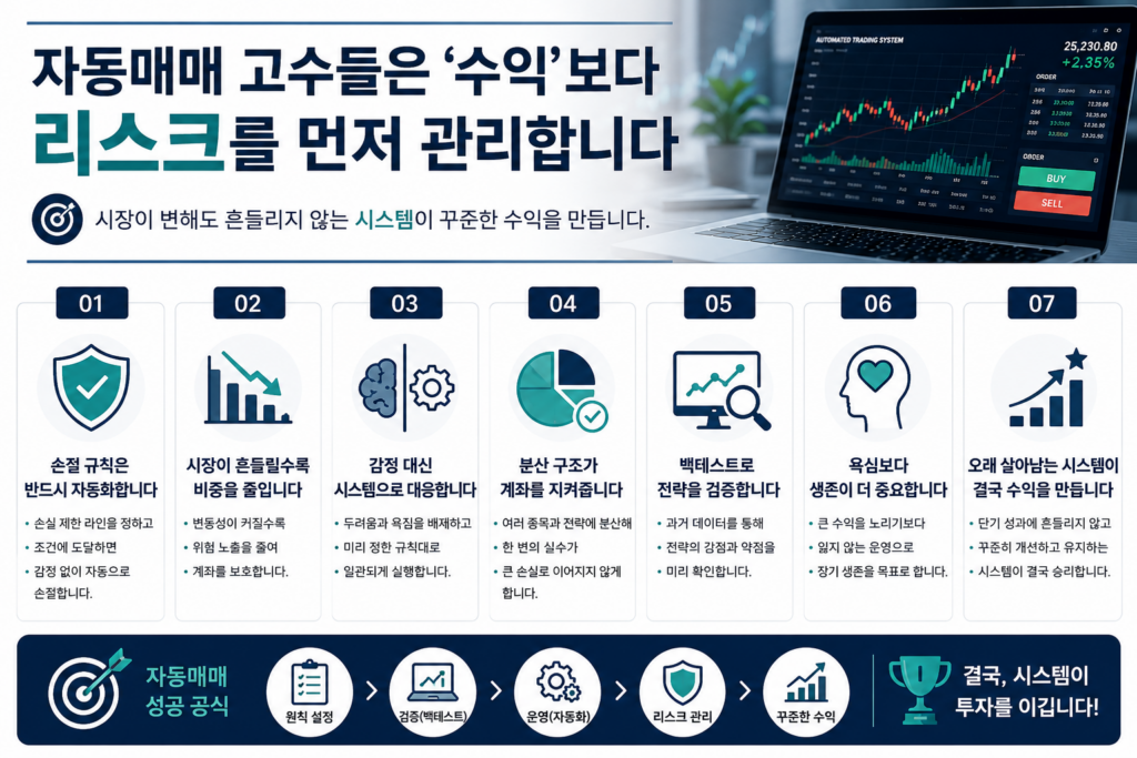 자동매매 투자자들의 리스크 관리 원칙과 시스템 운영 전략을 현대적인 금융 스타일로 표현한 워드프레스용 인포그래픽 이미지