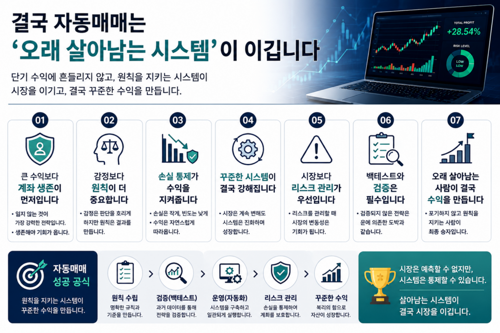 자동매매 시스템의 장기 생존 전략과 리스크 관리 원칙을 현대적인 금융 스타일로 정리한 워드프레스용 인포그래픽 이미지