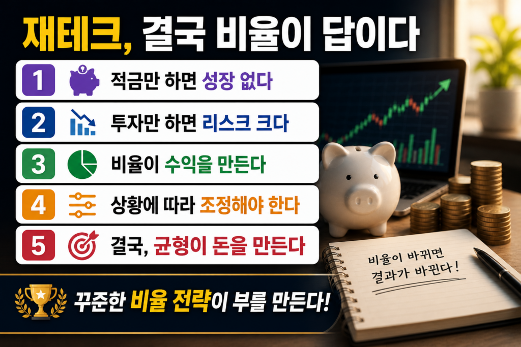 돼지 저금통과 노트북 주식 차트, 동전이 놓인 현대적인 재테크 환경에서 ‘재테크, 결국 비율이 답이다’라는 제목과 함께 적금과 투자 균형, 리스크 관리, 상황별 조정 등 5가지 핵심 메시지가 정리된 결론 인포그래픽 이미지
