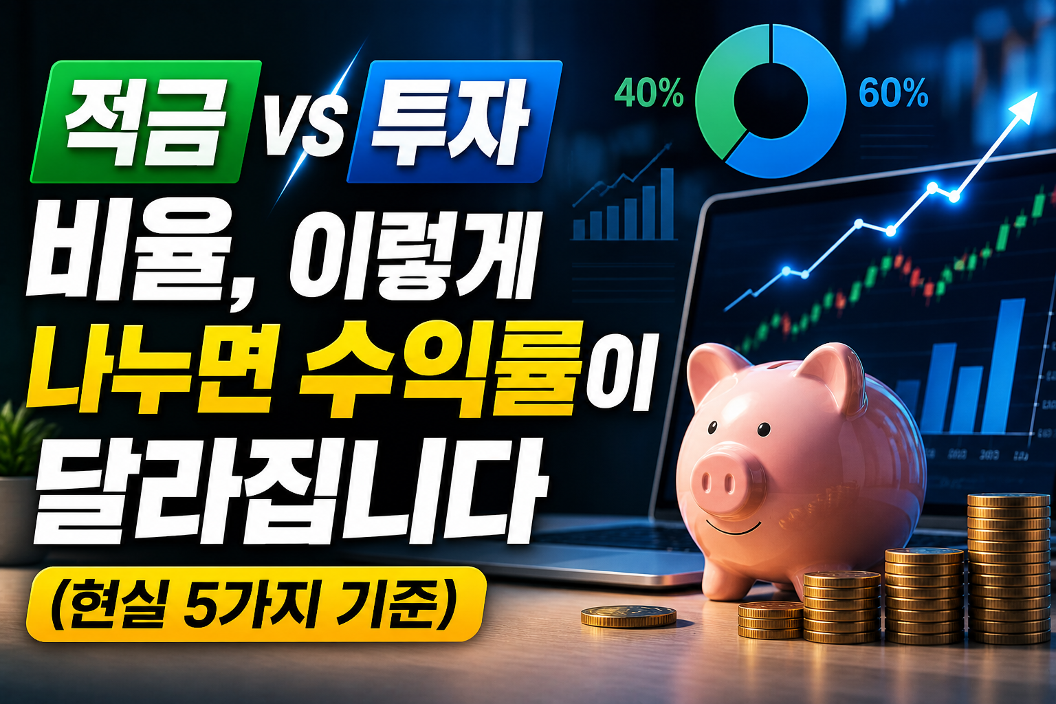 돼지 저금통과 동전, 노트북 주식 차트와 상승 그래프가 보이는 현대적인 금융 환경에서 ‘적금 vs 투자 비율, 이렇게 나누면 수익률이 달라집니다’와 ‘현실 5가지 기준’ 문구가 강조된 고대비 썸네일 이미지