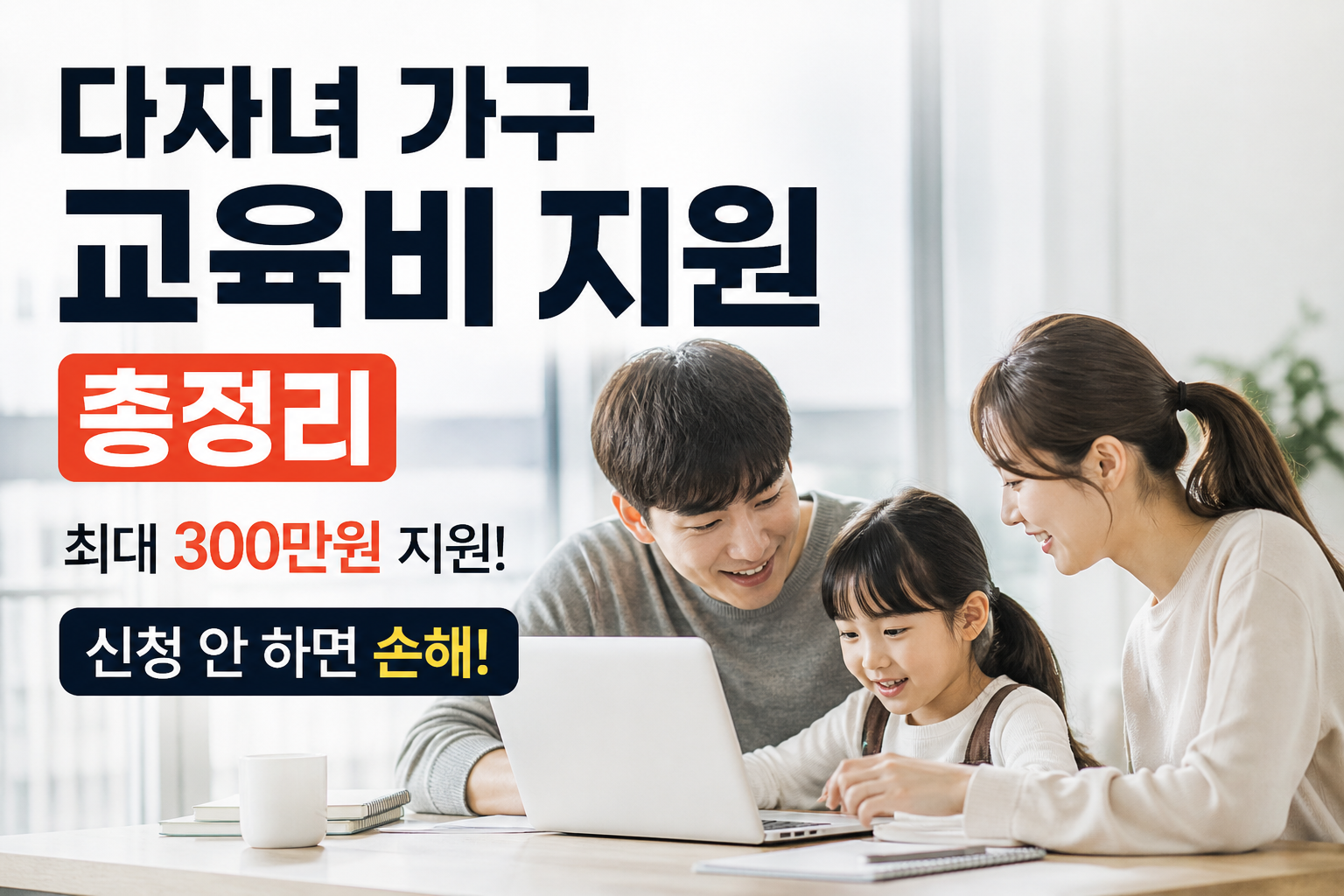 밝은 실내에서 부모와 자녀가 함께 노트북을 보며 웃고 있는 모습 위에 ‘다자녀 가구 교육비 지원 총정리’, ‘최대 300만원 지원’, ‘신청 안 하면 손해’ 문구가 강조된 현대적인 블로그 썸네일 이미지