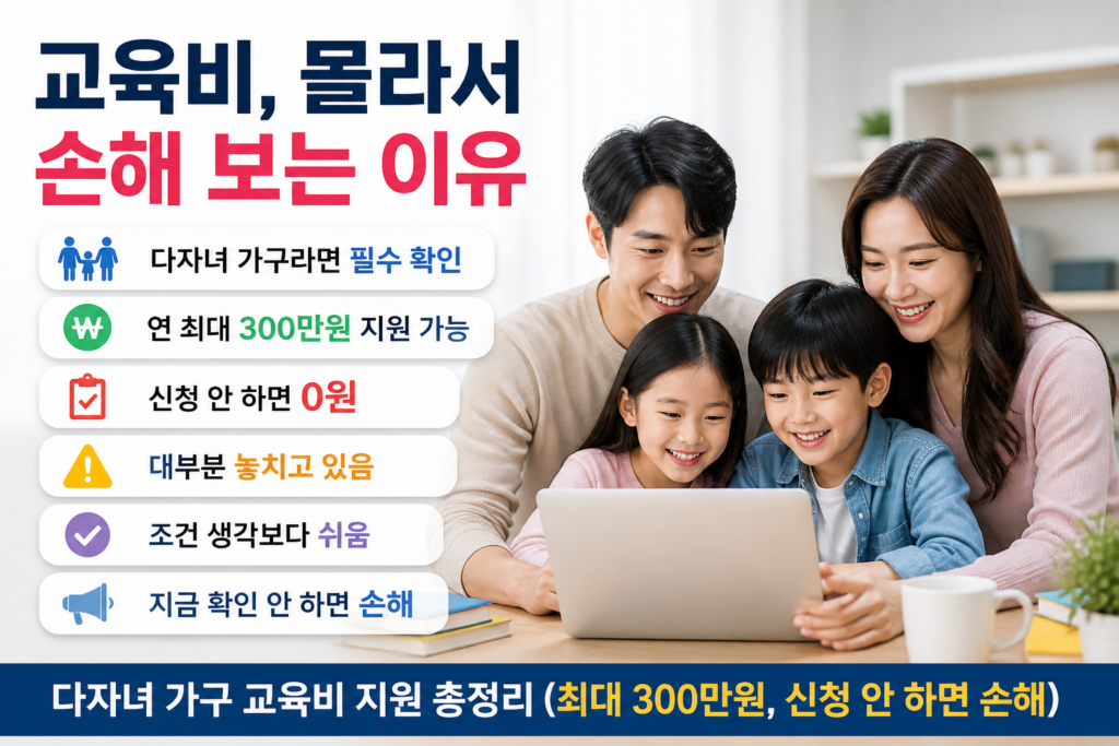 밝고 현대적인 거실에서 부모와 아이들이 함께 태블릿을 보며 웃고 있는 모습 위에 ‘교육비 줄이는 가장 쉬운 방법’, ‘다자녀 가구 대상’, ‘최대 300만원 지원’, ‘신청 안 하면 손해’ 등의 문구가 강조된 홈판용 인포그래픽 이미지