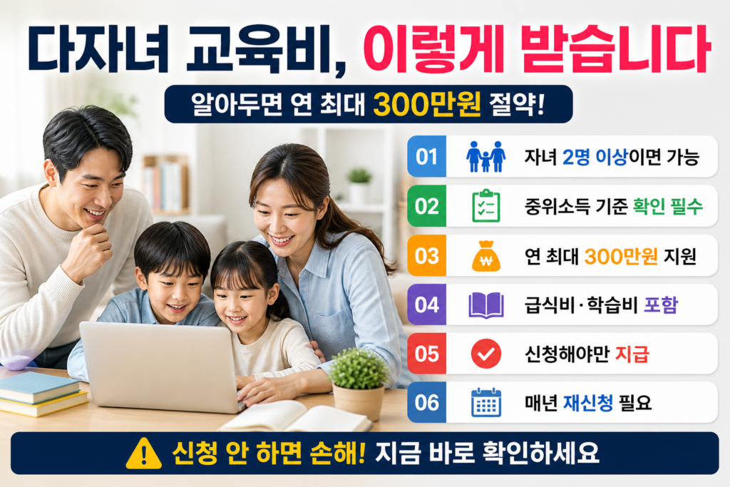 밝은 실내에서 부모와 자녀가 함께 태블릿을 보며 웃고 있는 모습 옆에 ‘다자녀 교육비 이렇게 받습니다’, ‘자녀 2명 이상’, ‘연 최대 300만원 지원’, ‘신청해야 지급’, ‘매년 재신청 필요’ 문구가 강조된 현대적인 홈판용 인포그래픽 이미지