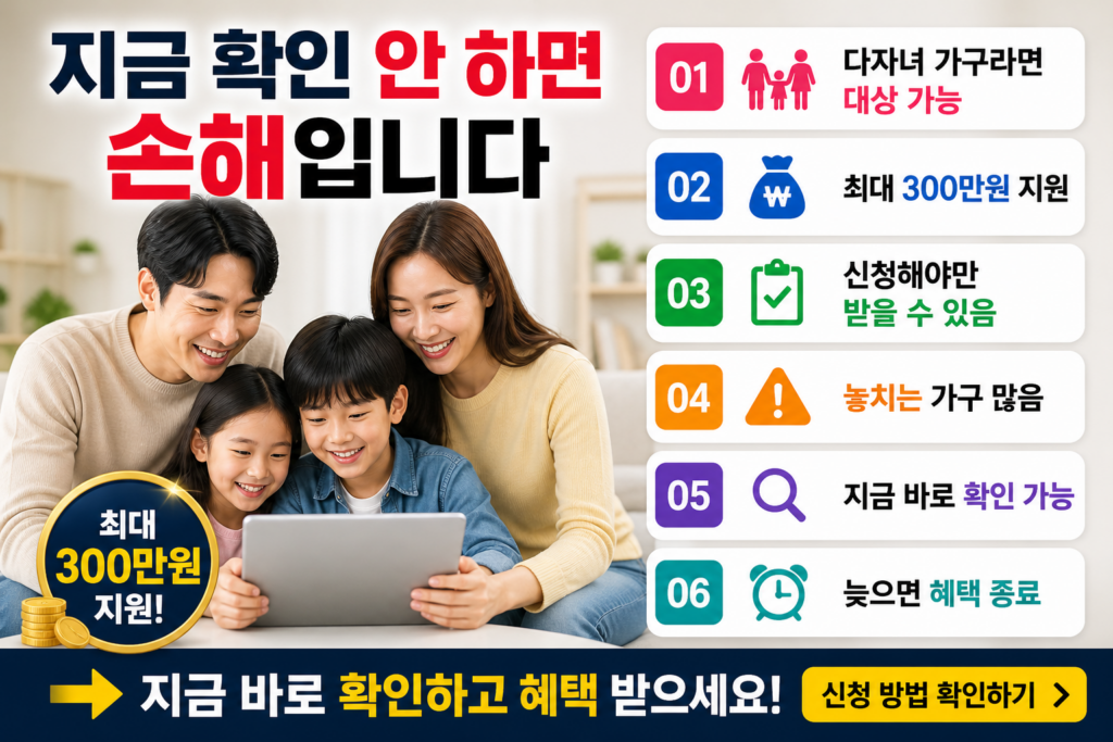 밝은 거실에서 부모와 자녀가 함께 태블릿을 보며 웃고 있는 모습과 함께 ‘지금 확인 안 하면 손해입니다’, ‘최대 300만원 지원’, ‘신청해야 받을 수 있음’, ‘지금 바로 확인 가능’ 문구가 강조된 현대적인 홈판용 결론 인포그래픽 이미지