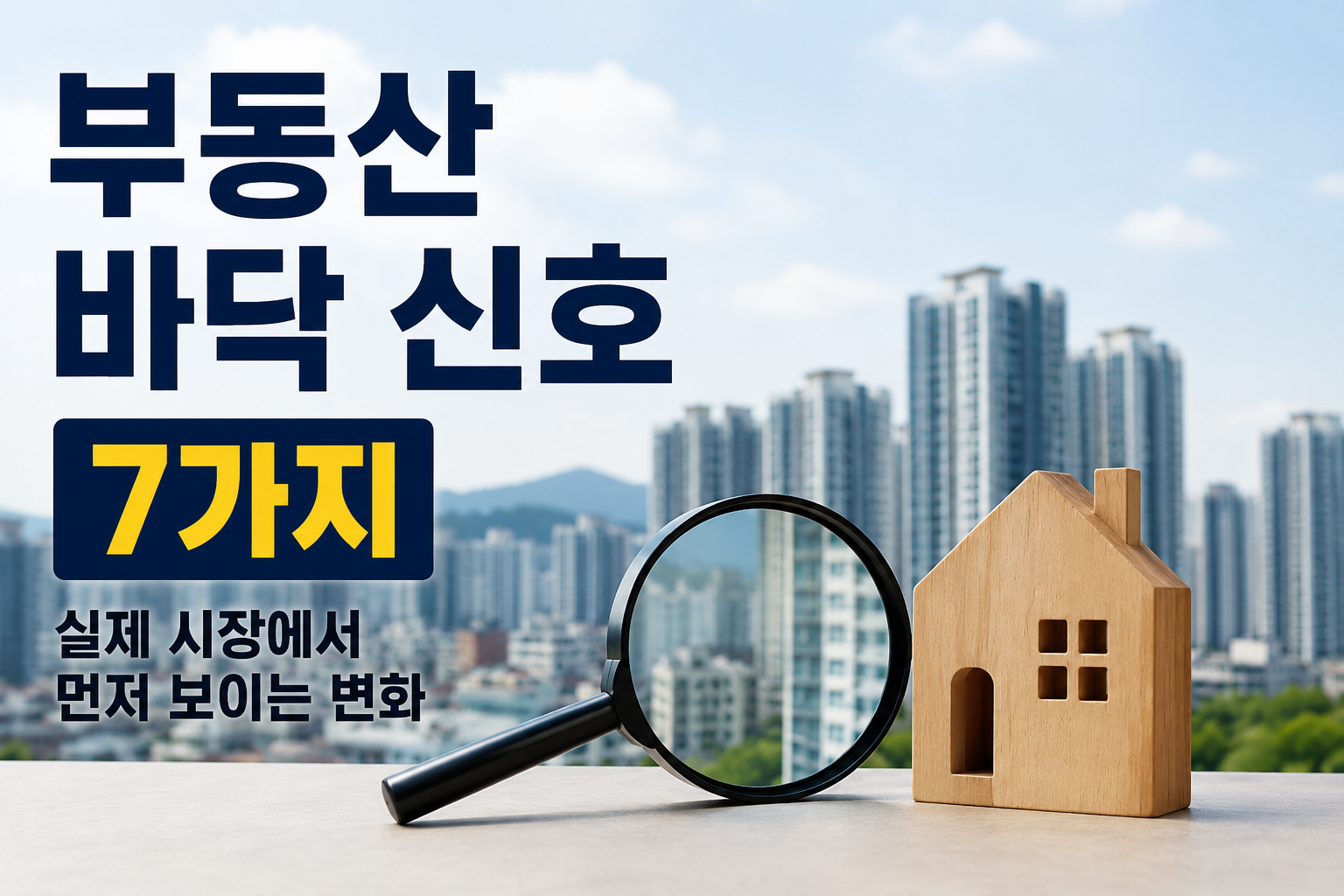고층 아파트 단지가 보이는 도시 배경 앞에 돋보기와 나무로 만든 집 모형이 놓여 있으며, ‘부동산 바닥 신호 7가지’라는 문구가 강조된 현대적인 부동산 투자·시장분석 썸네일 이미지.
