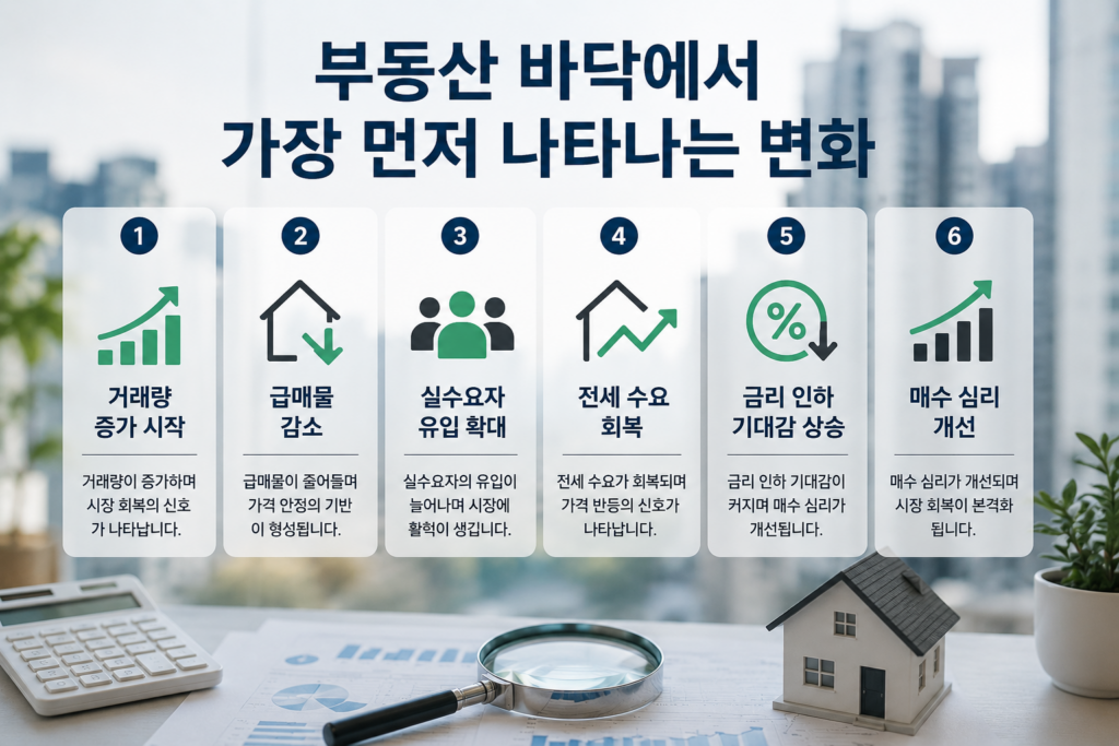 현대적인 부동산 분석 공간에서 아파트 단지 모형과 노트북, 그래프 자료가 놓여 있으며, 거래량 증가, 급매물 감소, 실수요자 유입, 전세 수요 회복, 금리 인하 기대감, 매수 심리 개선 등 부동산 시장 회복 신호를 아이콘과 함께 설명하는 인포그래픽 이미지.