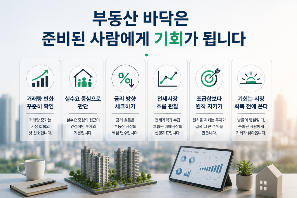 도시의 고층 아파트 단지를 배경으로 부동산 시장 데이터를 분석하는 태블릿과 아파트 모형이 놓여 있으며, 거래량 변화, 실수요 중심 판단, 금리 방향, 전세시장 흐름, 투자 원칙, 시장 회복 신호 등 부동산 바닥 투자 전략을 설명하는 현대적인 인포그래픽 이미지.