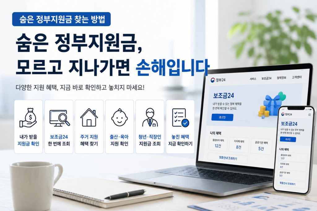 현대적인 사무실 환경에서 노트북과 스마트폰 화면에 정부24·보조금24 서비스가 표시되어 있으며, 정부지원금 조회, 주거 지원, 청년 지원, 출산·육아 지원 등 다양한 혜택 정보를 확인하는 모습을 담은 인포그래픽 이미지.