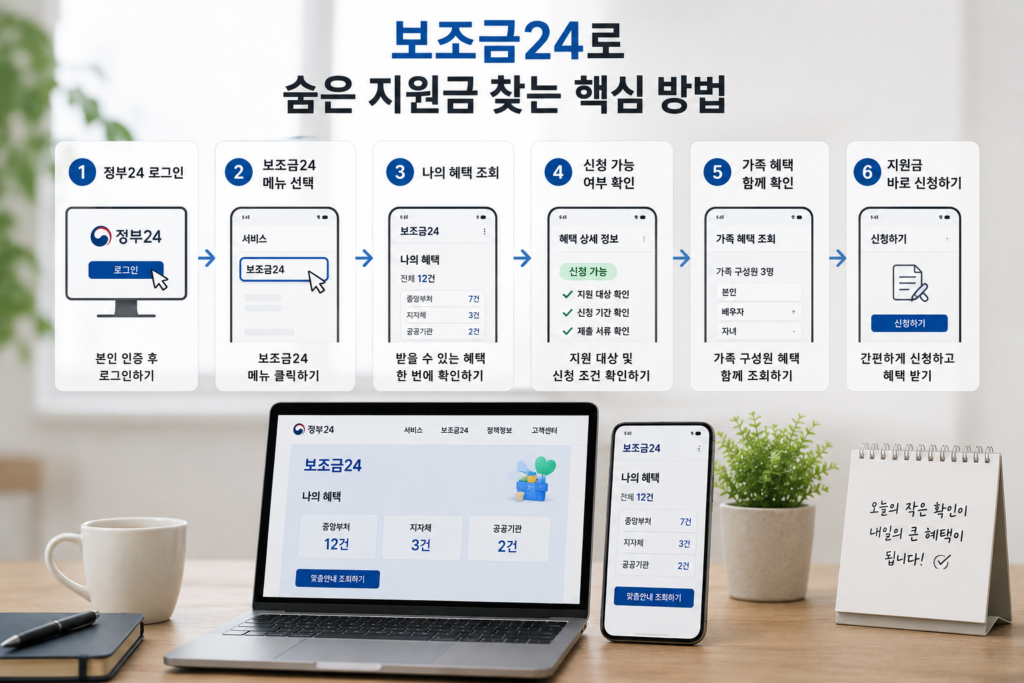 현대적인 사무실 책상 위에 노트북과 스마트폰이 놓여 있으며, 정부24와 보조금24 화면을 통해 정부지원금을 조회하는 과정이 표시된 인포그래픽 이미지. 로그인, 혜택 조회, 신청 가능 여부 확인, 가족 혜택 확인 등 지원금 신청 절차가 아이콘과 함께 정리되어 있다.