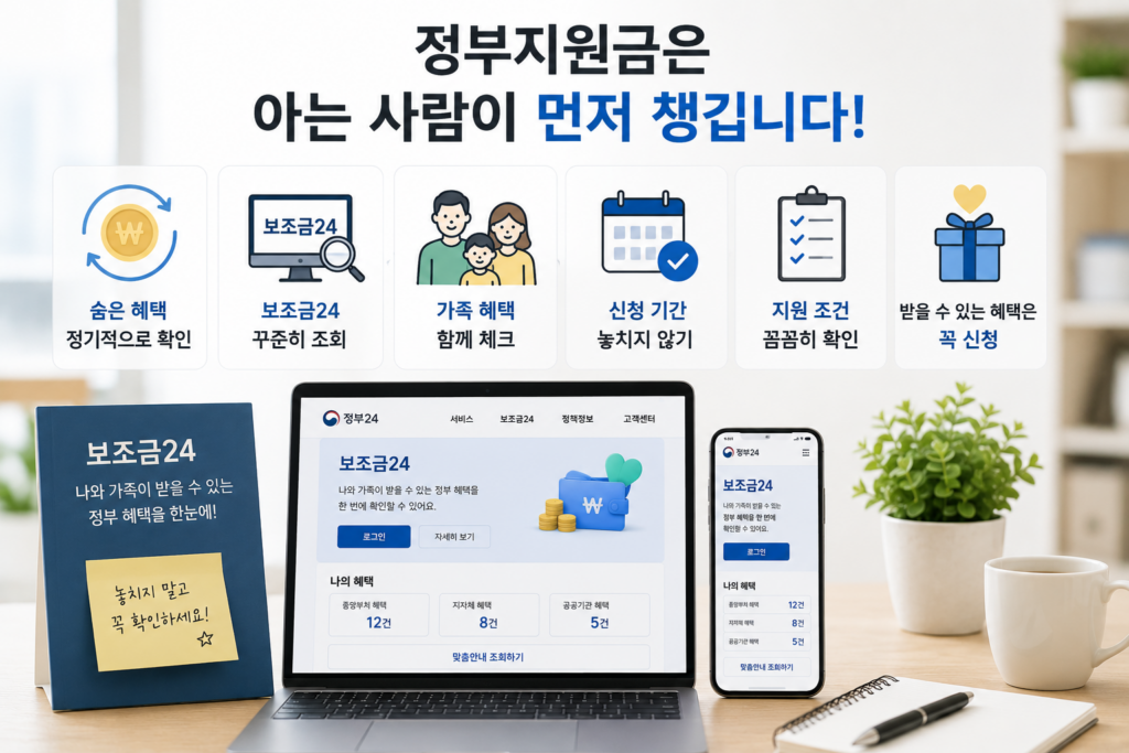 현대적인 사무실 책상 위에 노트북과 스마트폰이 놓여 있으며 정부24·보조금24 화면이 표시되어 있다. 상단에는 ‘정부지원금은 아는 사람이 먼저 챙깁니다’라는 문구와 함께 숨은 혜택 확인, 보조금24 조회, 가족 혜택 확인, 신청 기간 체크, 지원 조건 확인, 지원금 신청 등의 핵심 내용이 아이콘으로 정리된 인포그래픽 이미지.