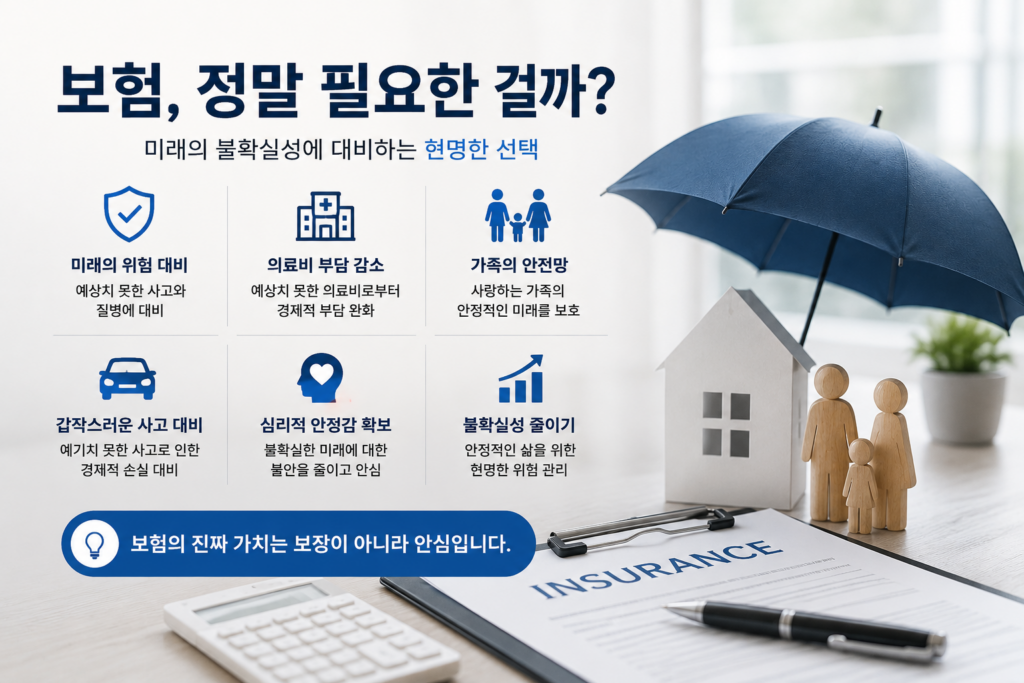 보험의 필요성과 미래 대비의 중요성을 설명하는 현대적인 보험 인포그래픽 이미지. 밝고 깔끔한 배경 위에 가족 보호, 의료비 대비, 경제적 안전망, 사고 대비, 심리적 안정감 등의 핵심 내용이 아이콘과 함께 정리된 실사형 금융 디자인.