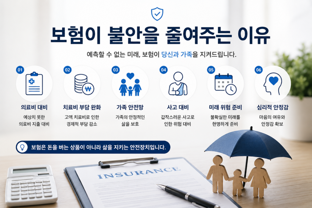 보험이 불안을 줄여주는 이유를 설명하는 현대적인 보험 인포그래픽 이미지. 보험 서류, 계산기, 가족 모형, 주택 모형이 배치된 실사형 배경 위에 의료비 대비, 치료비 부담 완화, 가족 안전망, 사고 대비, 미래 위험 준비, 심리적 안정감 등의 핵심 요소가 아이콘과 함께 정리된 디자인.