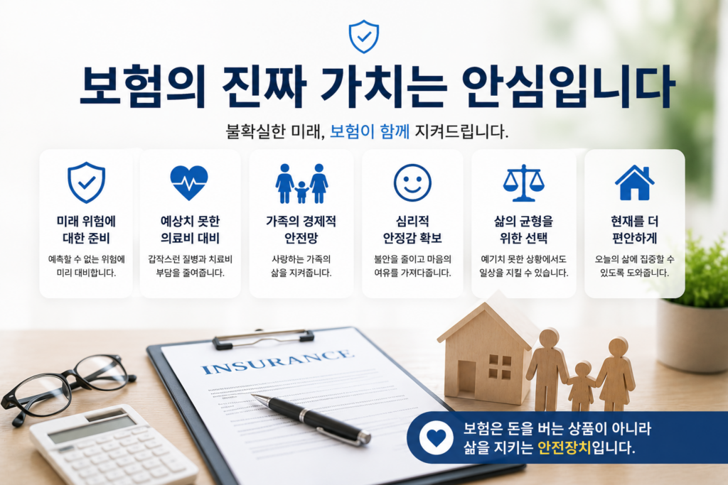 보험의 진정한 가치를 강조하는 현대적인 보험 인포그래픽 이미지. 가족 모형, 주택 모형, 보험 서류, 계산기가 배치된 밝고 세련된 배경 위에 미래 위험 대비, 경제적 안전망, 심리적 안정감, 삶의 균형 등의 핵심 메시지가 정리된 실사형 디자인.