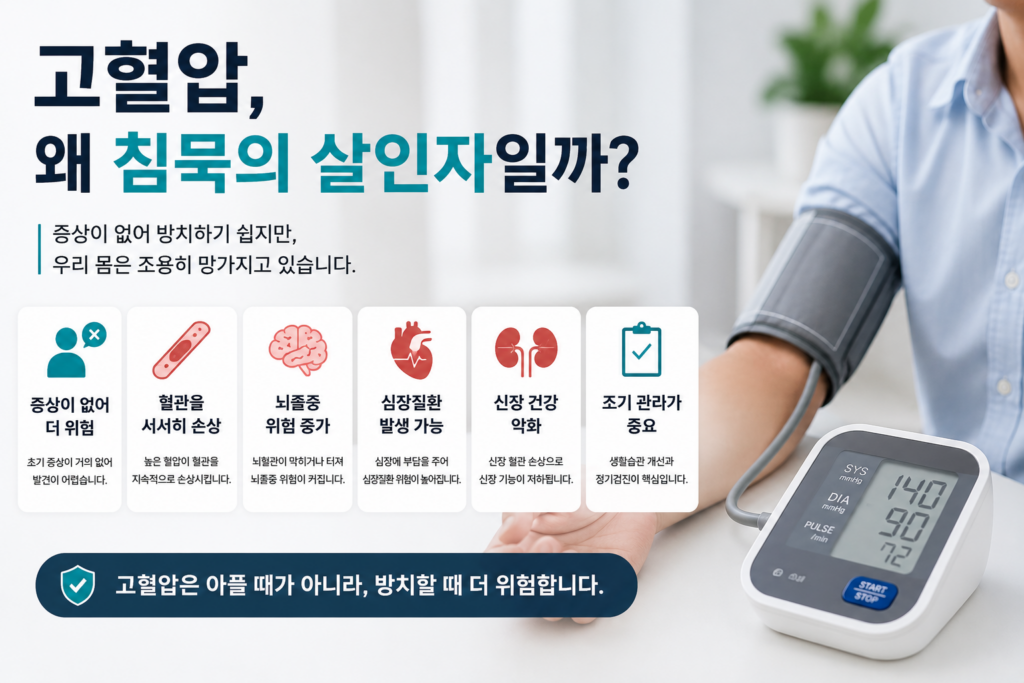 고혈압의 위험성과 조기 관리의 중요성을 설명하는 현대적인 건강 인포그래픽 이미지. 혈압 측정기를 착용한 성인이 혈압을 측정하는 모습과 함께 ‘고혈압, 왜 침묵의 살인자일까?’라는 제목이 강조되어 있으며, 혈관 손상, 뇌졸중 위험 증가, 심장질환 발생 가능성, 신장 건강 악화 등의 핵심 내용이 아이콘으로 정리된 실사형 의료 디자인.