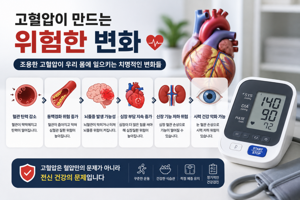 고혈압이 우리 몸에 미치는 위험한 변화를 설명하는 현대적인 건강 인포그래픽 이미지. 혈압계와 심장 모형이 배치된 실사형 의료 배경 위에 혈관 탄력 감소, 동맥경화 위험 증가, 뇌졸중 발생 가능성, 심장 부담 증가, 신장 기능 저하, 시력 건강 악화 등의 핵심 내용이 아이콘과 함께 정리된 디자인.