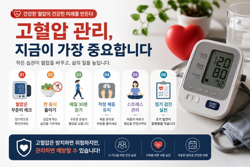 고혈압 예방과 관리의 중요성을 강조하는 현대적인 건강 인포그래픽 이미지. 혈압계, 운동화, 건강한 식단, 체중계, 심장 아이콘 등이 배치된 실사형 의료 배경 위에 혈압 체크, 저염식 실천, 규칙적인 운동, 체중 관리, 스트레스 관리, 정기 검진 등의 핵심 습관이 정리된 디자인.