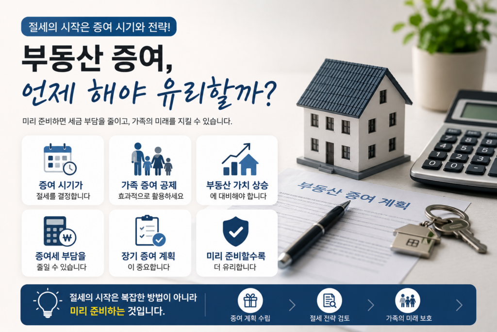 부동산 증여 절세 전략을 설명하는 현대적인 실사형 인포그래픽 이미지. 주택 모형, 계산기, 증여 계획서, 열쇠가 배치된 금융·부동산 배경 위에 ‘부동산 증여, 언제 해야 유리할까?’라는 제목과 함께 증여 시기, 가족 증여 공제, 부동산 가치 상승 대비, 증여세 절감, 장기 증여 계획 등의 핵심 내용이 아이콘으로 정리된 디자인.
