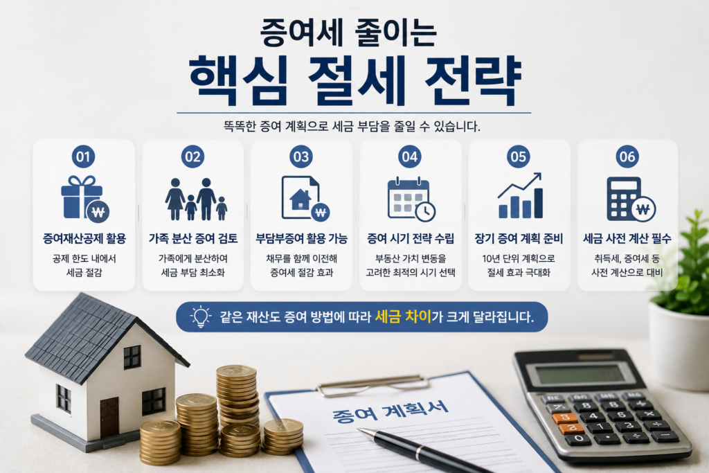 부동산 증여세 절세 전략을 설명하는 현대적인 실사형 인포그래픽 이미지. 주택 모형, 계산기, 세금 관련 서류, 그래프가 배치된 금융·부동산 배경 위에 증여재산공제 활용, 가족 분산 증여, 부담부증여 검토, 증여 시기 전략, 장기 증여 계획, 세금 사전 계산 등의 핵심 절세 전략이 아이콘과 함께 정리된 디자인.