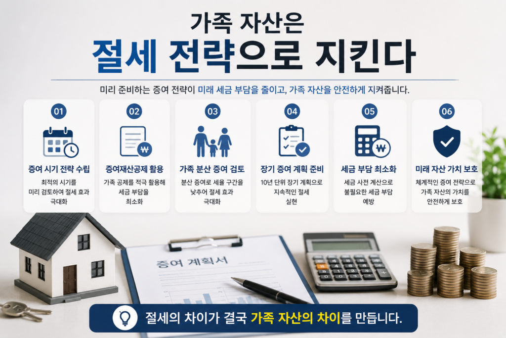 부동산 증여 절세 전략의 중요성을 설명하는 현대적인 실사형 인포그래픽 이미지. 주택 모형, 열쇠, 계산기, 세금 관련 서류가 배치된 밝고 세련된 부동산 배경 위에 ‘가족 자산은 절세 전략으로 지킨다’라는 제목과 함께 증여 시기 전략, 증여재산공제 활용, 가족 분산 증여, 장기 증여 계획, 세금 부담 최소화 등의 핵심 내용이 아이콘으로 정리된 디자인.