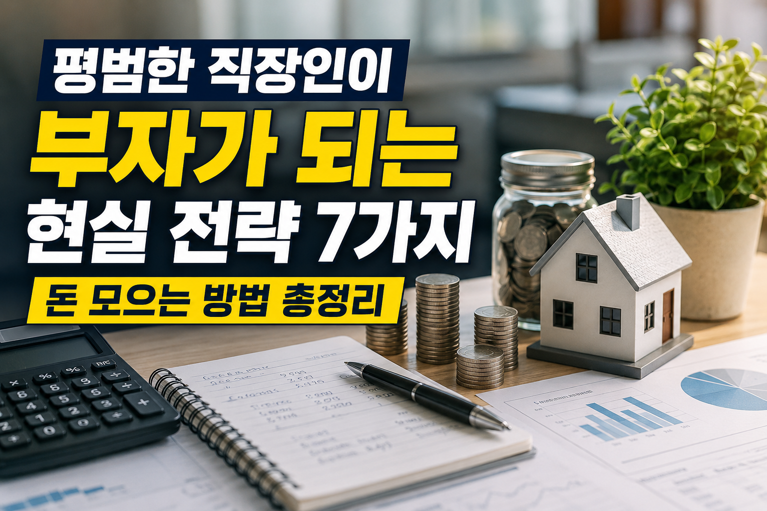 평범한 직장인이 부자가 되는 현실 전략을 주제로 한 현대적인 실사형 썸네일 이미지. 계산기, 재무 노트, 그래프, 동전 더미, 저금통, 주택 모형이 배치된 밝은 사무실 배경 위에 ‘평범한 직장인이 부자가 되는 현실 전략 7가지’라는 문구가 강조된 재테크·자산관리 콘셉트 디자인.