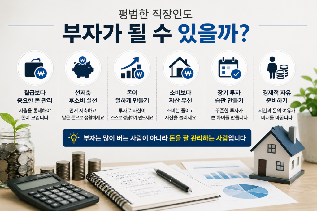 평범한 직장인도 부자가 될 수 있다는 메시지를 전달하는 현대적인 재테크 인포그래픽 이미지. 노트북, 계산기, 재무 계획서, 동전 더미, 주택 모형이 배치된 실사형 사무실 배경 위에 ‘평범한 직장인도 부자가 될 수 있을까?’라는 제목과 함께 선저축, 자산 투자, 소비 관리, 장기 투자, 경제적 자유 등의 핵심 내용이 아이콘으로 정리된 디자인.