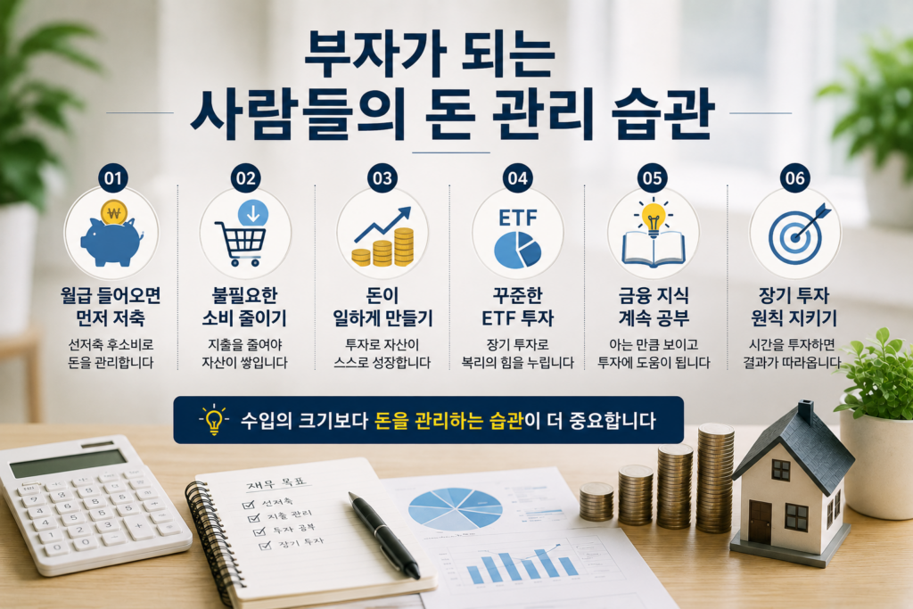 평범한 직장인이 부자가 되기 위해 실천해야 할 돈 관리 습관을 설명하는 현대적인 재테크 인포그래픽 이미지. 계산기, 자산관리 노트, 투자 그래프, 동전 더미, 주택 모형이 배치된 실사형 사무실 배경 위에 선저축, 소비 통제, ETF 투자, 금융 공부, 장기 투자 등의 핵심 습관이 아이콘과 함께 정리된 디자인.