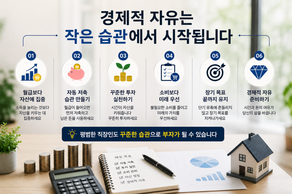 경제적 자유를 위한 자산 형성 습관을 설명하는 현대적인 재테크 인포그래픽 이미지. 계산기, 재무 계획 노트, 투자 그래프, 동전 더미, 주택 모형이 배치된 실사형 사무실 배경 위에 자산 집중, 자동 저축, 꾸준한 투자, 소비 관리, 장기 목표 유지, 경제적 자유 준비 등의 핵심 내용이 아이콘과 함께 정리된 디자인.