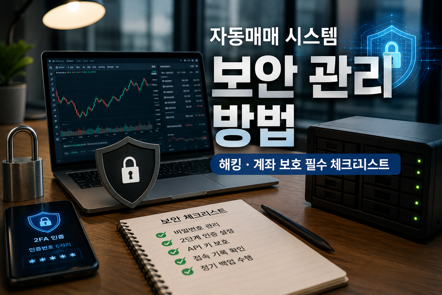 자동매매 시스템 보안 관리 방법을 설명하는 현대적인 실사형 썸네일 이미지. 노트북 화면에는 주식 차트와 자동매매 프로그램이 표시되어 있으며, 자물쇠, 보안 방패 아이콘, 서버 장비, OTP 인증 화면, 보안 체크리스트 노트가 함께 배치된 사이버 보안 콘셉트의 금융·IT 디자인. 해킹 방지와 계좌 보호의 중요성을 강조하는 전문적인 분위기의 이미지.