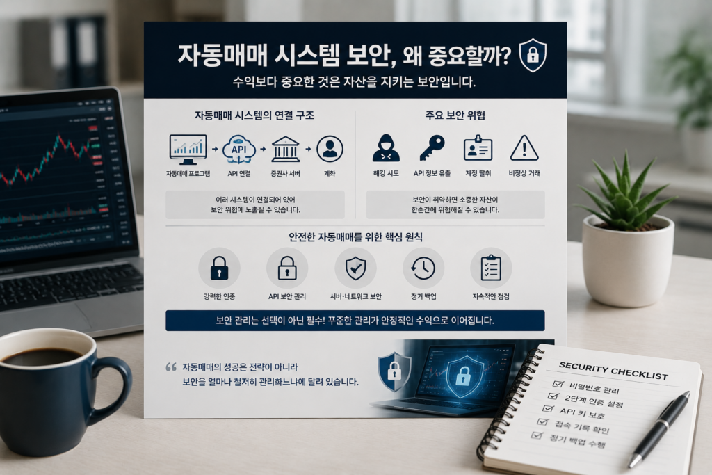 자동매매 시스템 보안의 중요성을 설명하는 현대적인 실사형 인포그래픽 이미지. 노트북에 주식 차트가 표시되어 있고, 보안 방패 아이콘, API 연결 구조, 해킹 위험 요소, 보안 체크리스트가 포함된 전문적인 금융·IT 디자인. 커피잔과 노트, 화분이 배치된 깔끔한 사무실 환경에서 자동매매 보안 관리의 핵심 내용을 시각적으로 정리한 이미지.