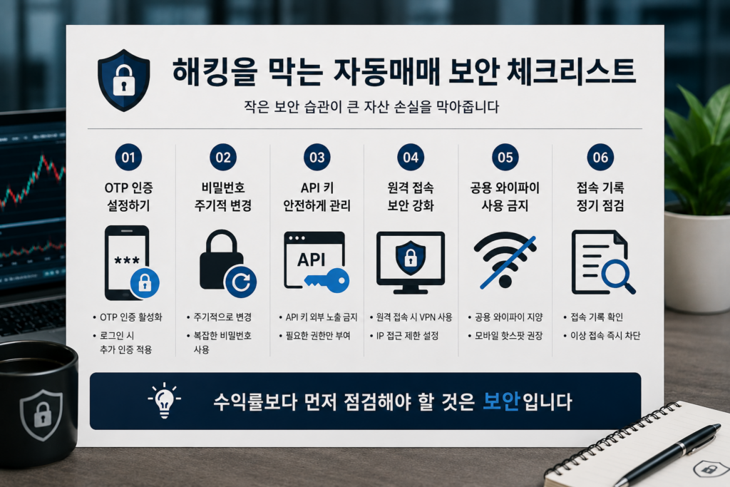 자동매매 해킹 방지와 계좌 보호를 위한 보안 체크리스트를 설명하는 현대적인 실사형 인포그래픽 이미지. OTP 인증, 비밀번호 관리, API 키 보호, 원격 접속 보안, 공용 와이파이 차단, 접속 기록 점검 등의 핵심 보안 항목이 아이콘과 함께 정리되어 있으며, 노트북의 주식 차트와 보안 방패 심볼이 배치된 금융·IT 콘셉트 디자인.