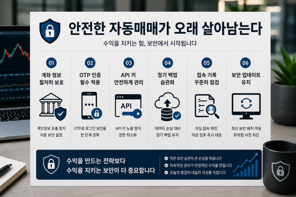 자동매매 시스템 보안 관리의 중요성을 강조하는 현대적인 실사형 인포그래픽 이미지. 보안 방패, 자물쇠, 서버 장비, 노트북의 자동매매 차트, 체크리스트 노트가 배치된 전문적인 금융·IT 환경 속에서 계좌 보호, OTP 인증, API 키 관리, 정기 백업, 접속 기록 점검, 보안 업데이트 등의 핵심 보안 원칙이 아이콘과 함께 정리된 디자인.
