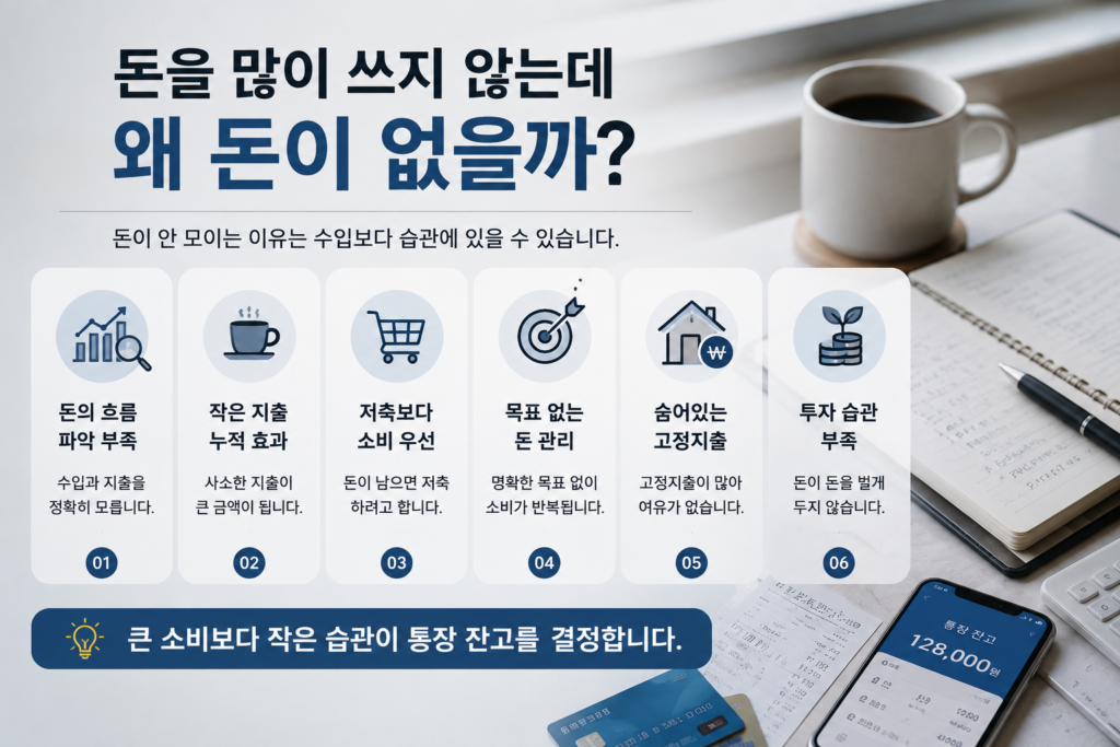 돈이 안 모이는 이유를 설명하는 현대적인 실사형 인포그래픽 이미지. 가계부, 커피컵, 스마트폰의 통장 잔고 화면, 카드와 영수증이 배치된 재테크 환경 속에서 돈의 흐름 파악 부족, 작은 지출 누적, 저축보다 소비 우선, 목표 없는 돈 관리, 숨은 고정지출, 투자 습관 부족 등 자산 형성을 방해하는 원인들이 아이콘과 함께 정리된 디자인.