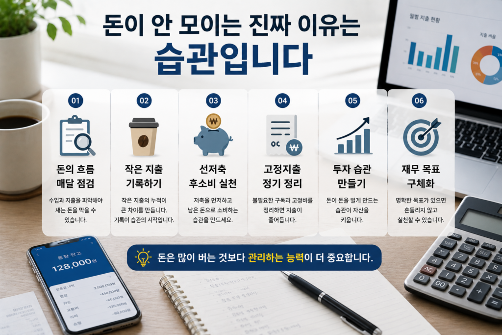 돈이 안 모이는 진짜 이유와 올바른 자산관리 습관을 설명하는 현대적인 실사형 인포그래픽 이미지. 통장 잔고가 표시된 스마트폰, 노트북의 지출 분석 그래프, 계산기, 메모장, 커피컵이 배치된 재테크 환경 속에서 돈의 흐름 점검, 작은 지출 기록, 선저축 후소비, 고정지출 정리, 투자 습관, 재무 목표 설정 등의 핵심 내용이 아이콘과 함께 정리된 디자인.