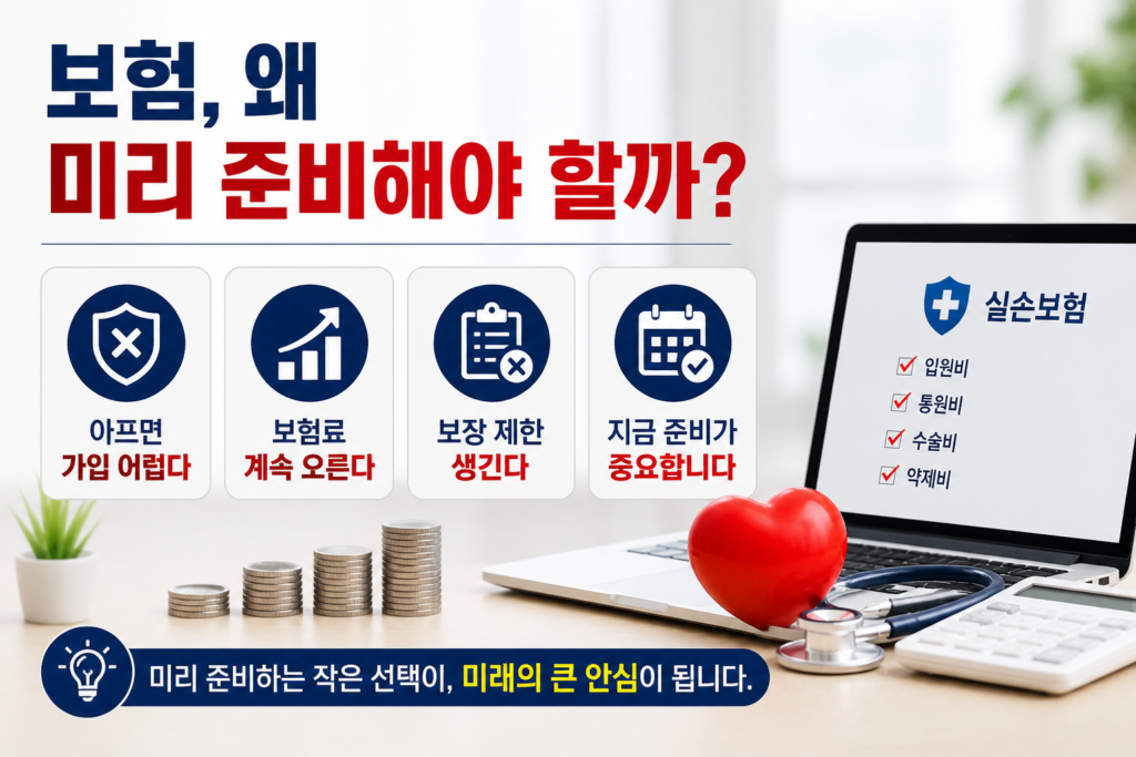 보험을 미리 준비해야 하는 이유를 설명하는 인포그래픽 이미지로, 보험료 상승, 가입 제한, 보장 축소 등의 핵심 요소를 시각적으로 표현한 현대적인 건강·재테크 이미지