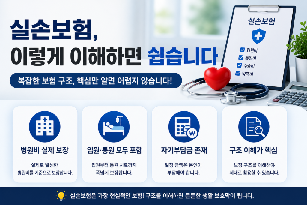 실손보험 구조를 설명하는 인포그래픽 이미지로, 병원비 보장 방식과 자기부담금, 입원 및 통원 치료 항목을 시각적으로 정리한 현대적인 보험 정보 이미지