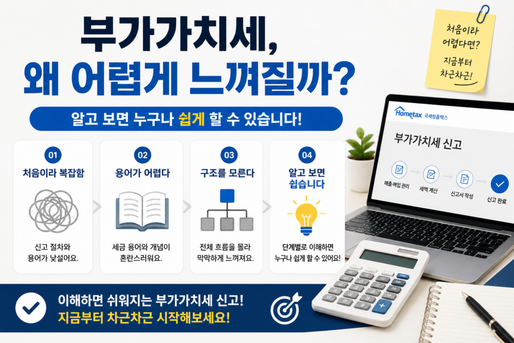 부가가치세 신고가 어려운 이유를 설명하는 인포그래픽 이미지로, 복잡한 구조와 용어, 신고 절차를 단계별로 쉽게 풀어낸 현대적인 세금 정보 이미지