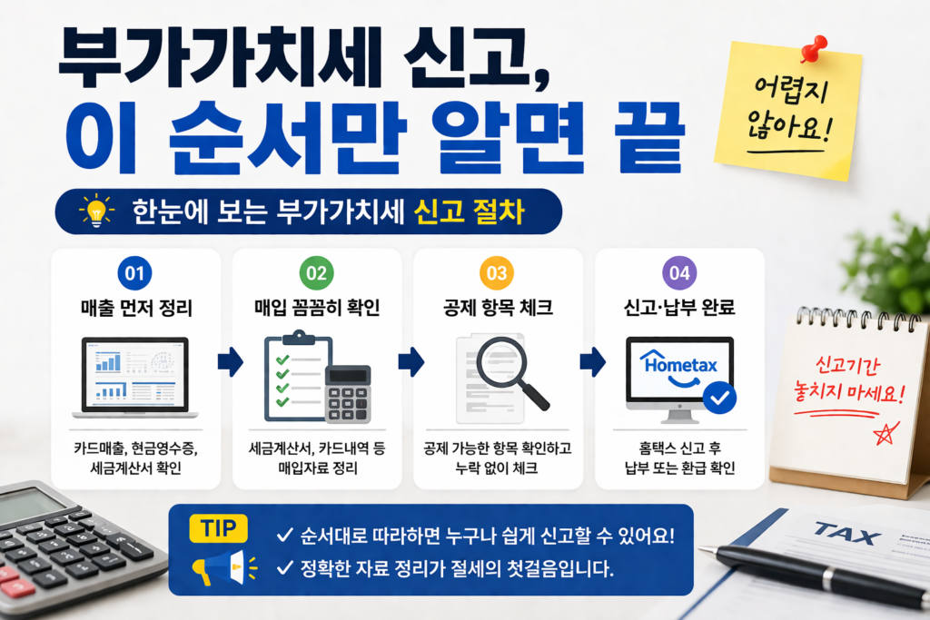부가가치세 신고 절차를 단계별로 설명하는 인포그래픽 이미지로, 매출 정리부터 매입 확인, 공제 체크, 신고 및 납부까지 전체 흐름을 한눈에 보여주는 현대적인 세금 정보 이미지