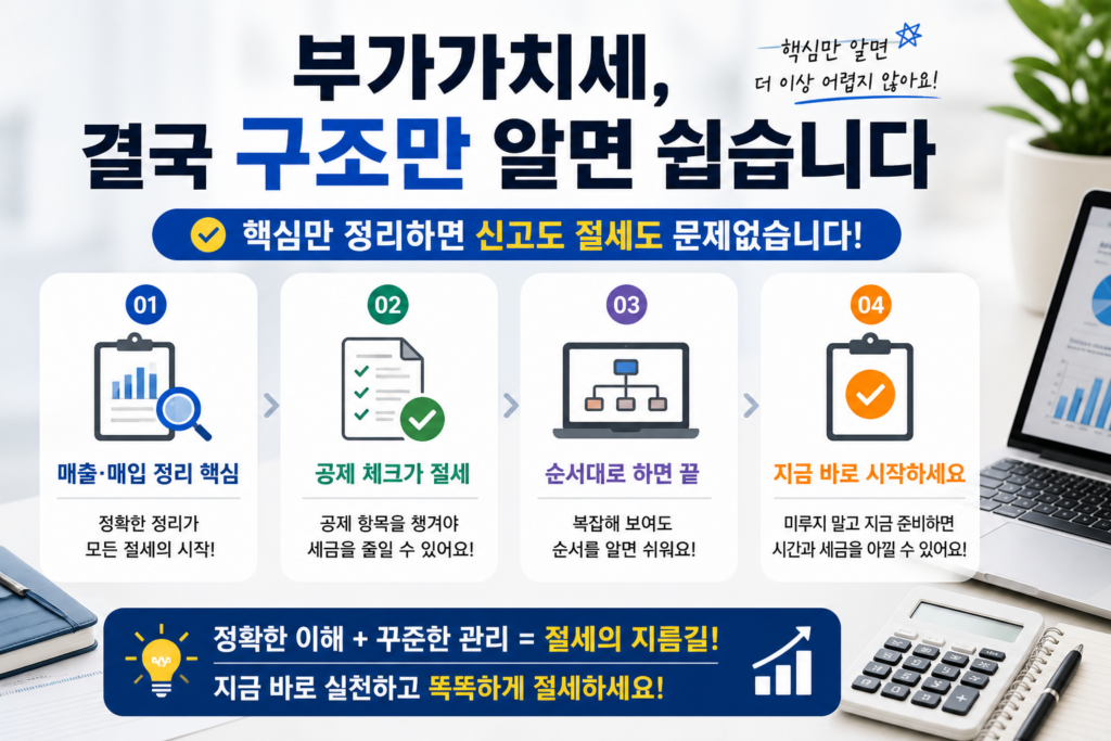 부가가치세 신고 절차의 결론을 정리한 인포그래픽 이미지로, 매출과 매입 정리, 공제 체크, 신고 순서를 통해 절세까지 이어지는 과정을 시각적으로 보여주는 현대적인 세금 정보 이미지